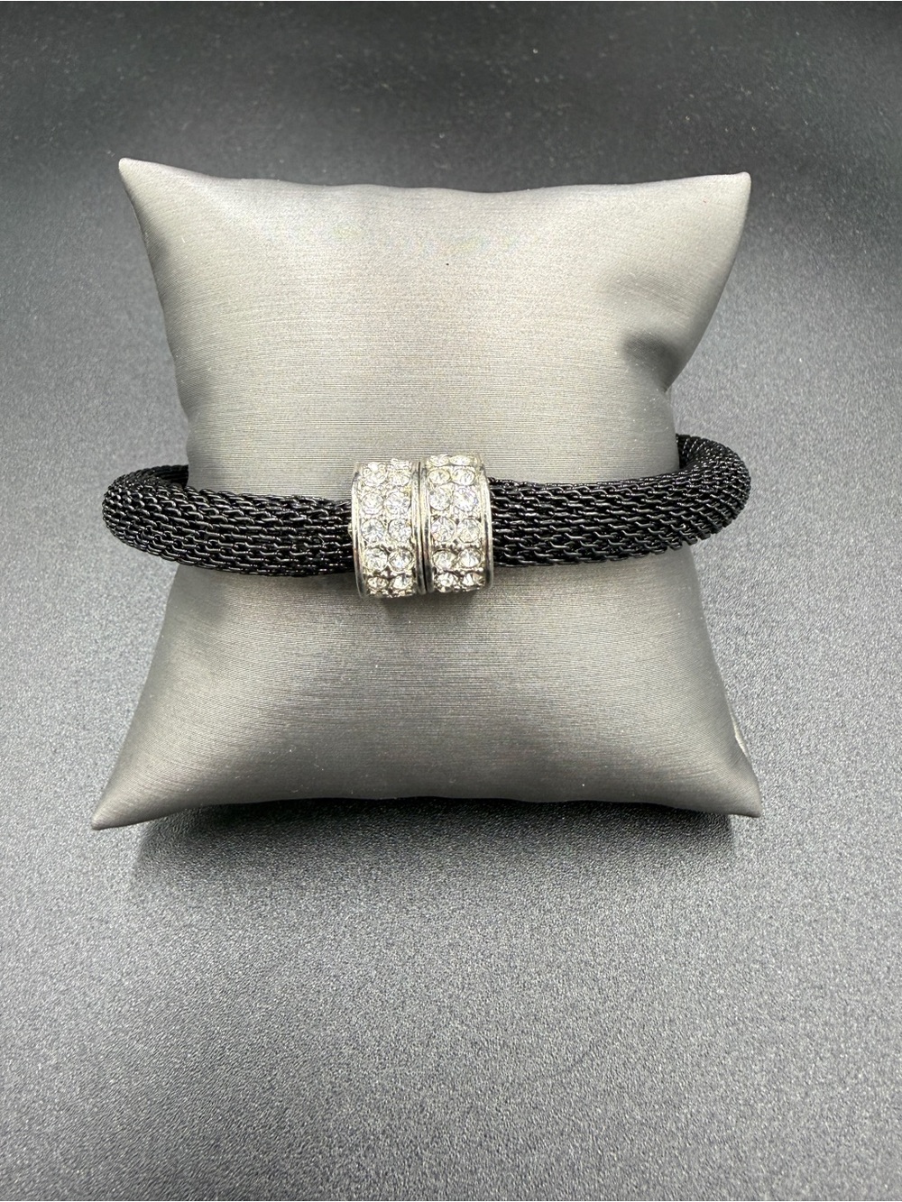 Black Mesh Bracelet with Crystal-Embellished Clasp